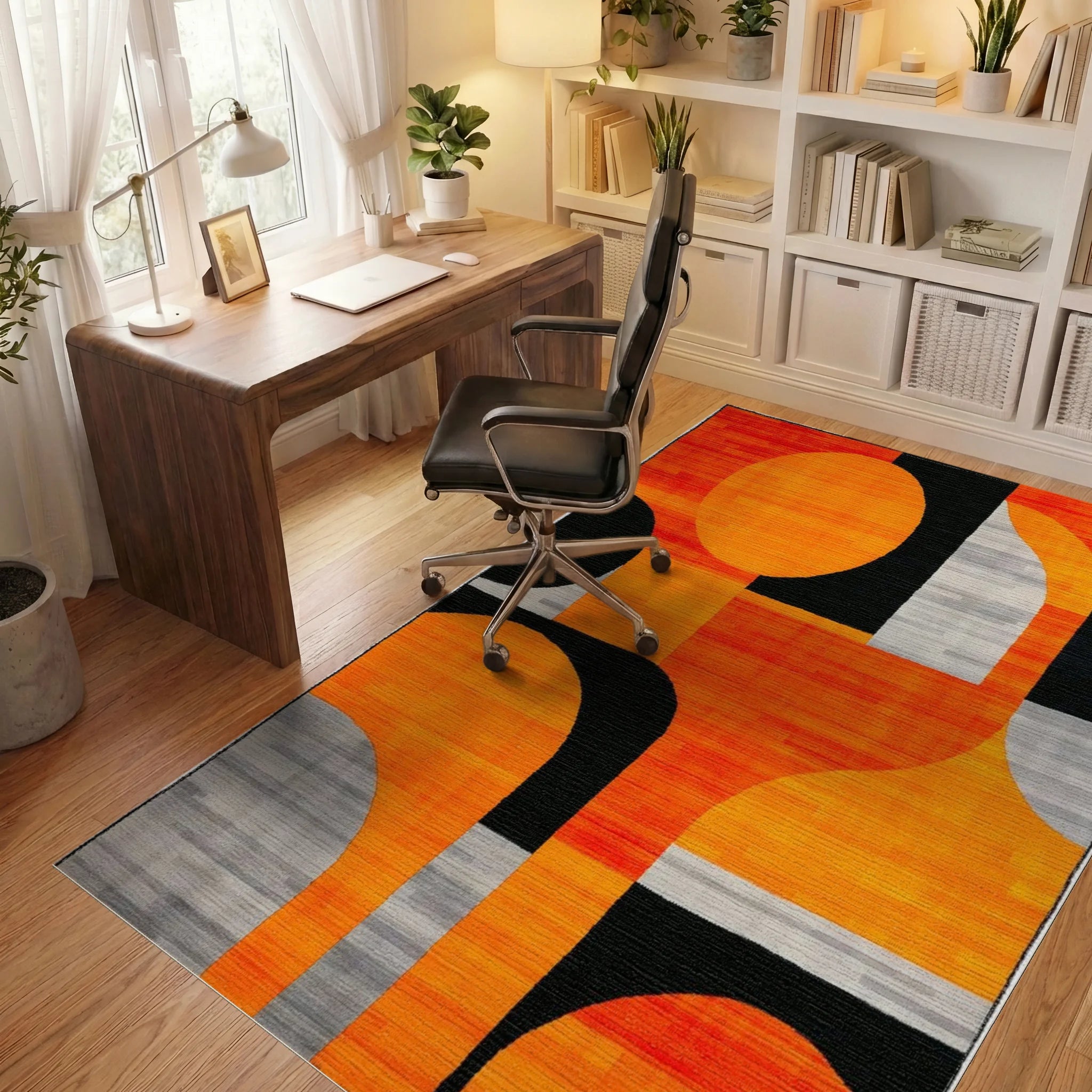 Modern Orange Black Geometric Abstract Rug - Office View