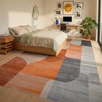 Modern Orange Gray Abstract Shapes Rug - Bedroom View