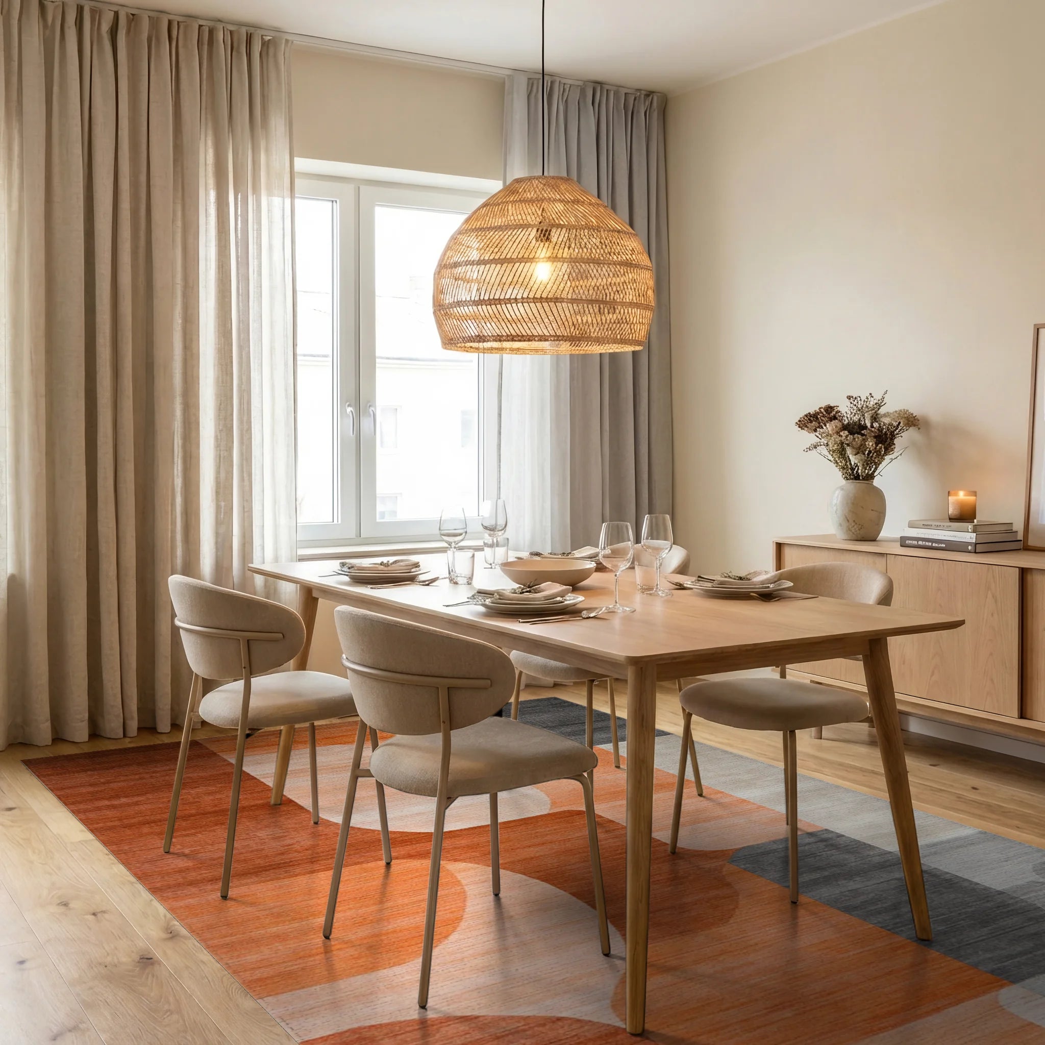 Modern Orange Gray Abstract Shapes Rug - Dining Room View