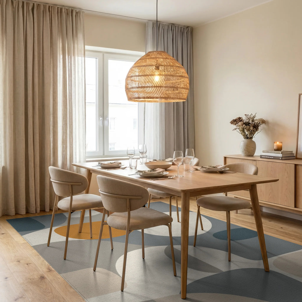 Modern Organic Abstract Shape Arrangement Rug - Dining Room View