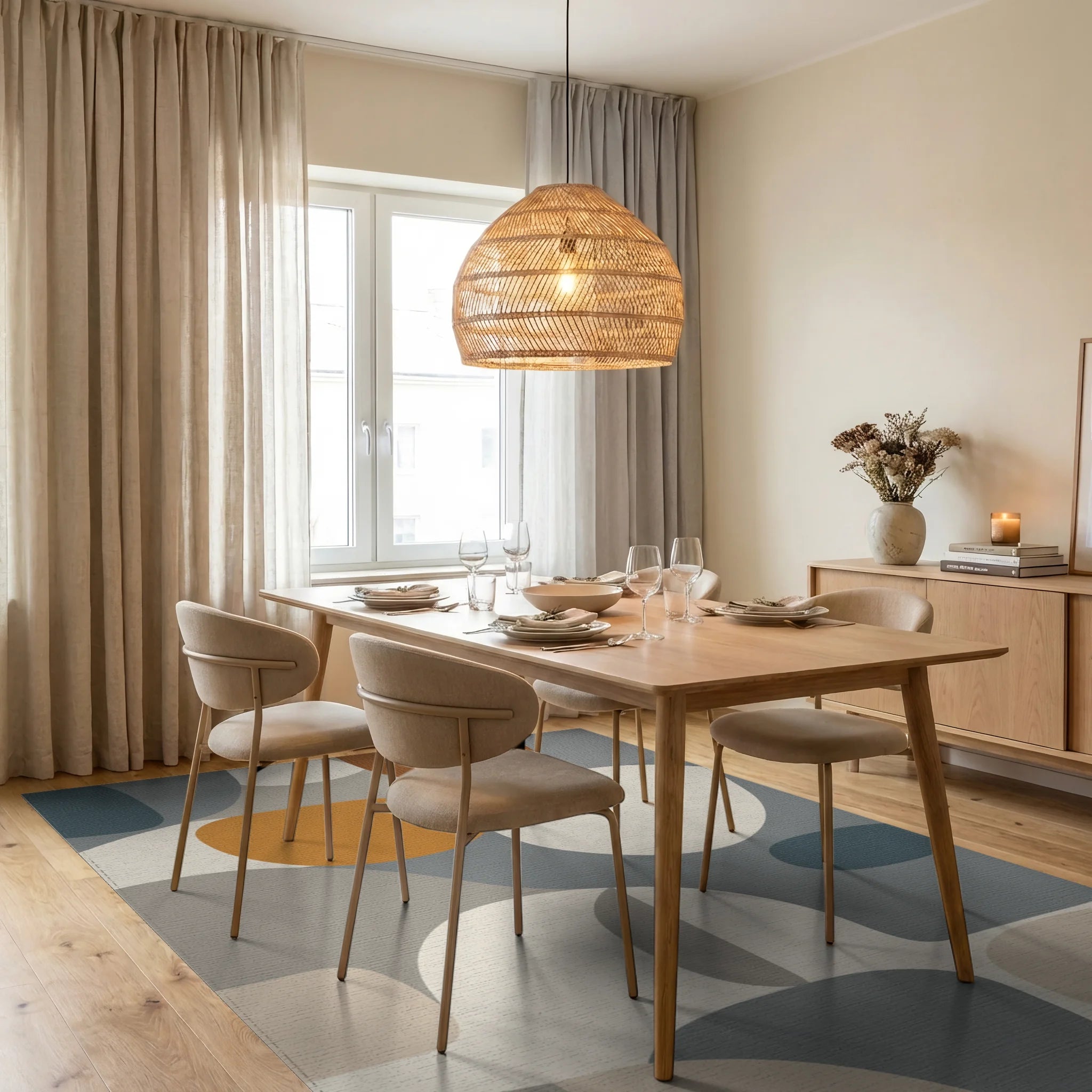 Modern Organic Abstract Shape Arrangement Rug - Dining Room View