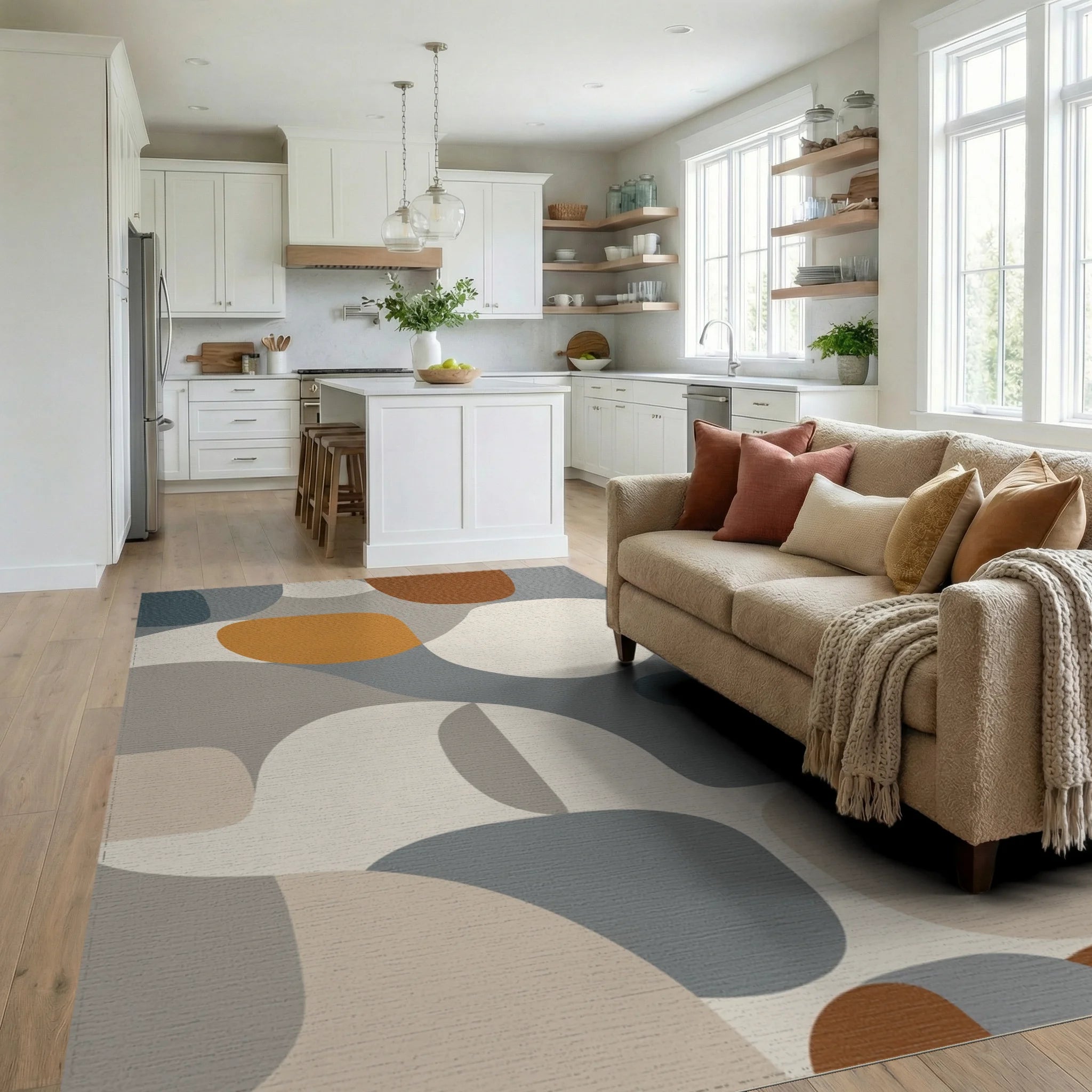 Modern Organic Abstract Shape Arrangement Rug - Living Room View