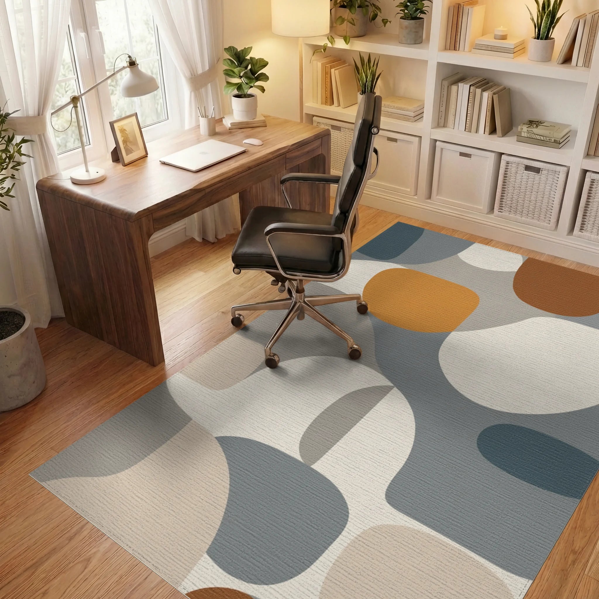 Modern Organic Abstract Shape Arrangement Rug - Office View