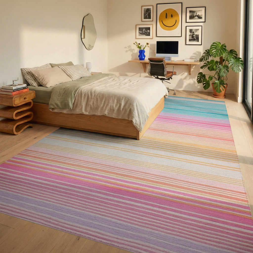 Modern Rainbow Stripe Design Rug - Bedroom View