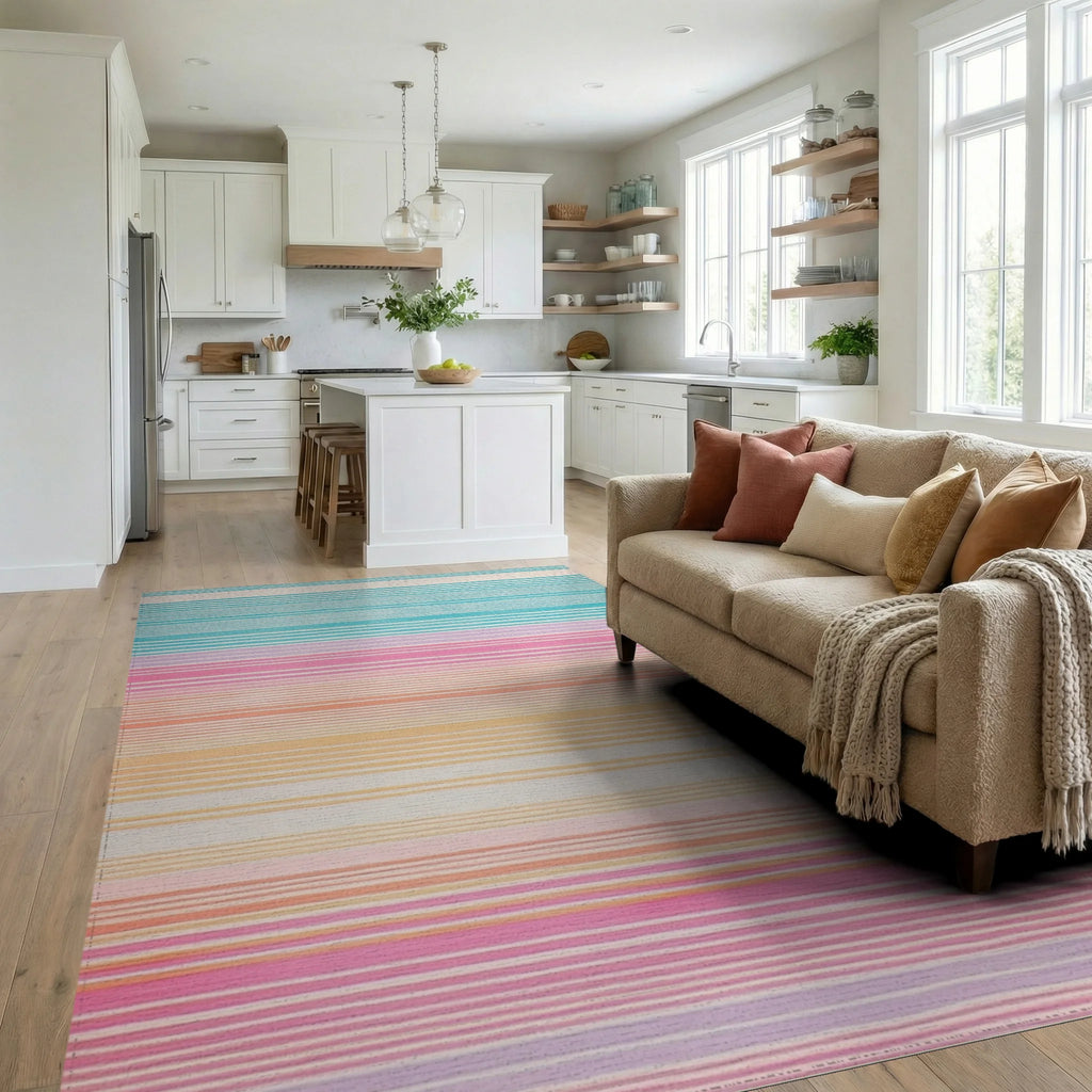 Modern Rainbow Stripe Design Rug - Living Room View
