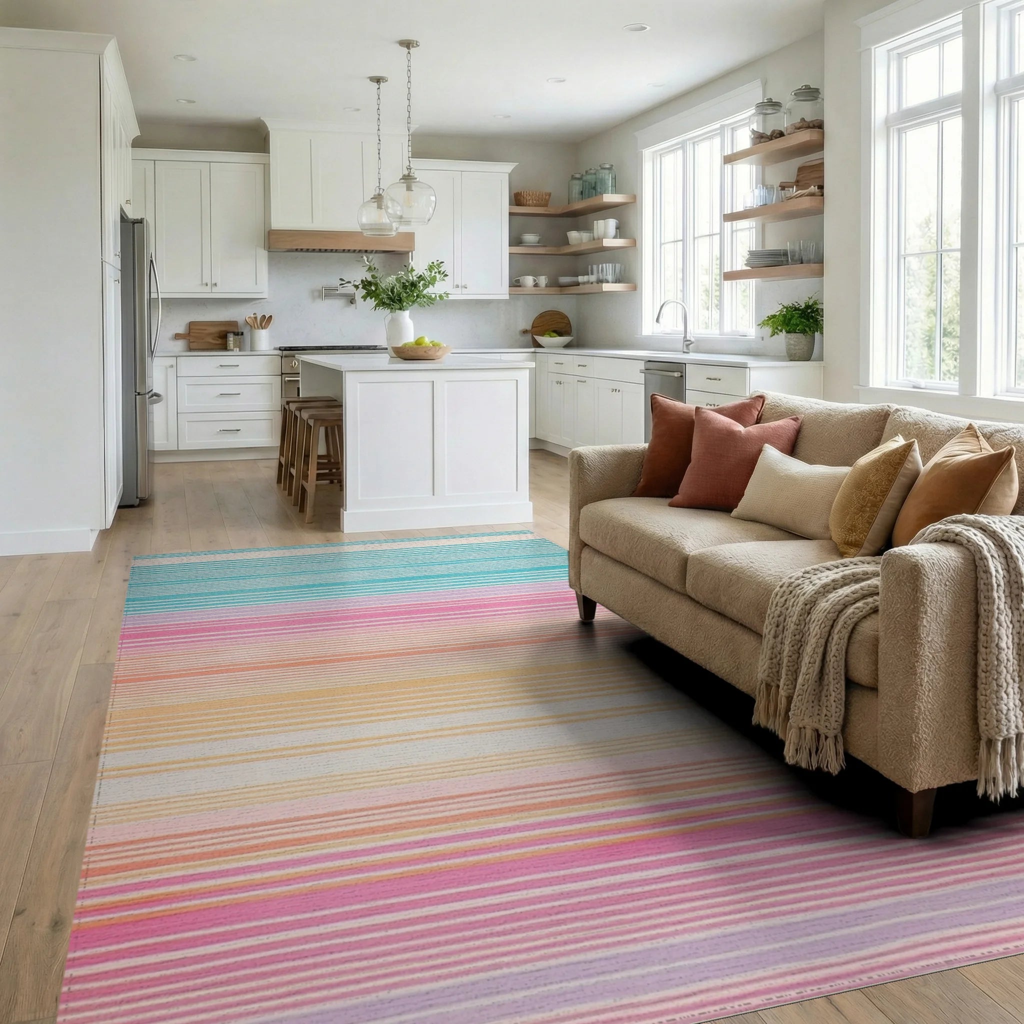 Modern Rainbow Stripe Design Rug - Living Room View