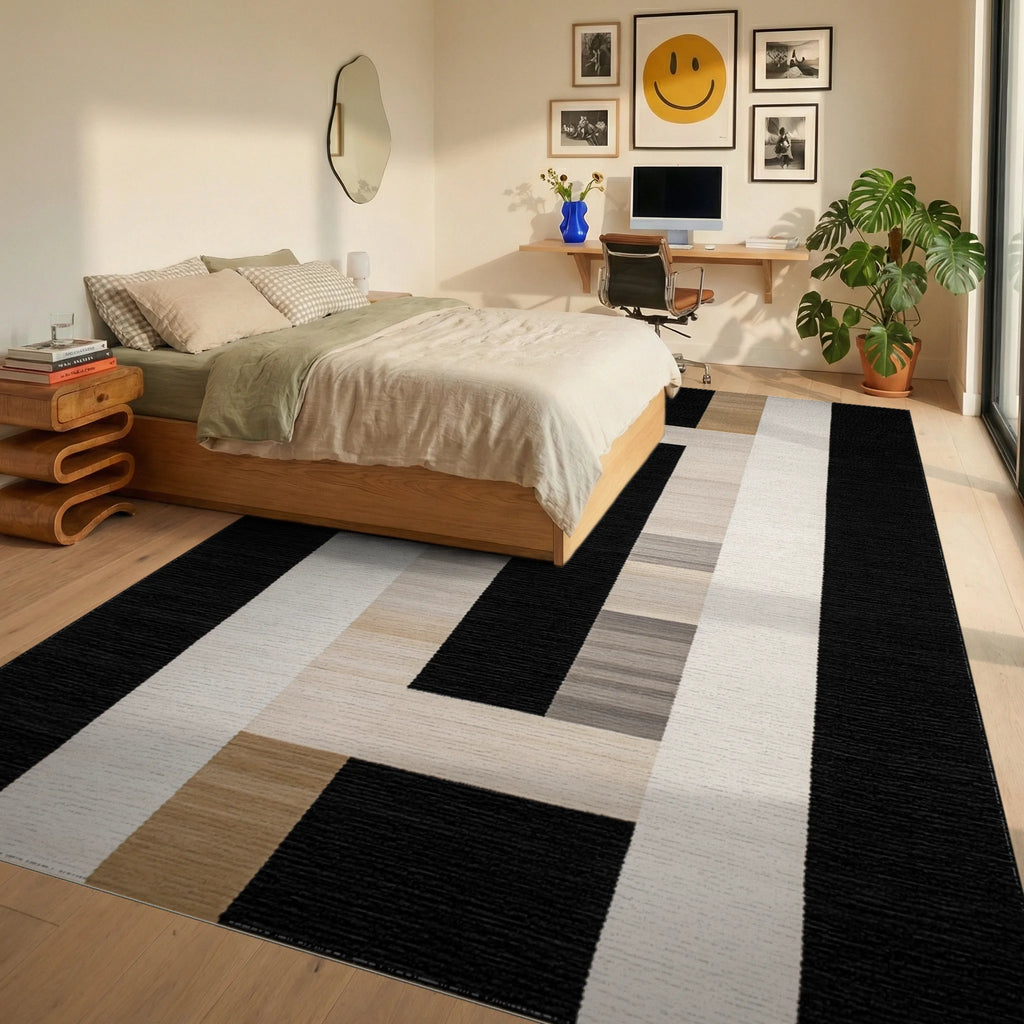 Modern Rectangular Black Sand Geometric Rug - Bedroom View