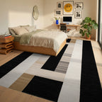 Modern Rectangular Black Sand Geometric Rug - Bedroom View
