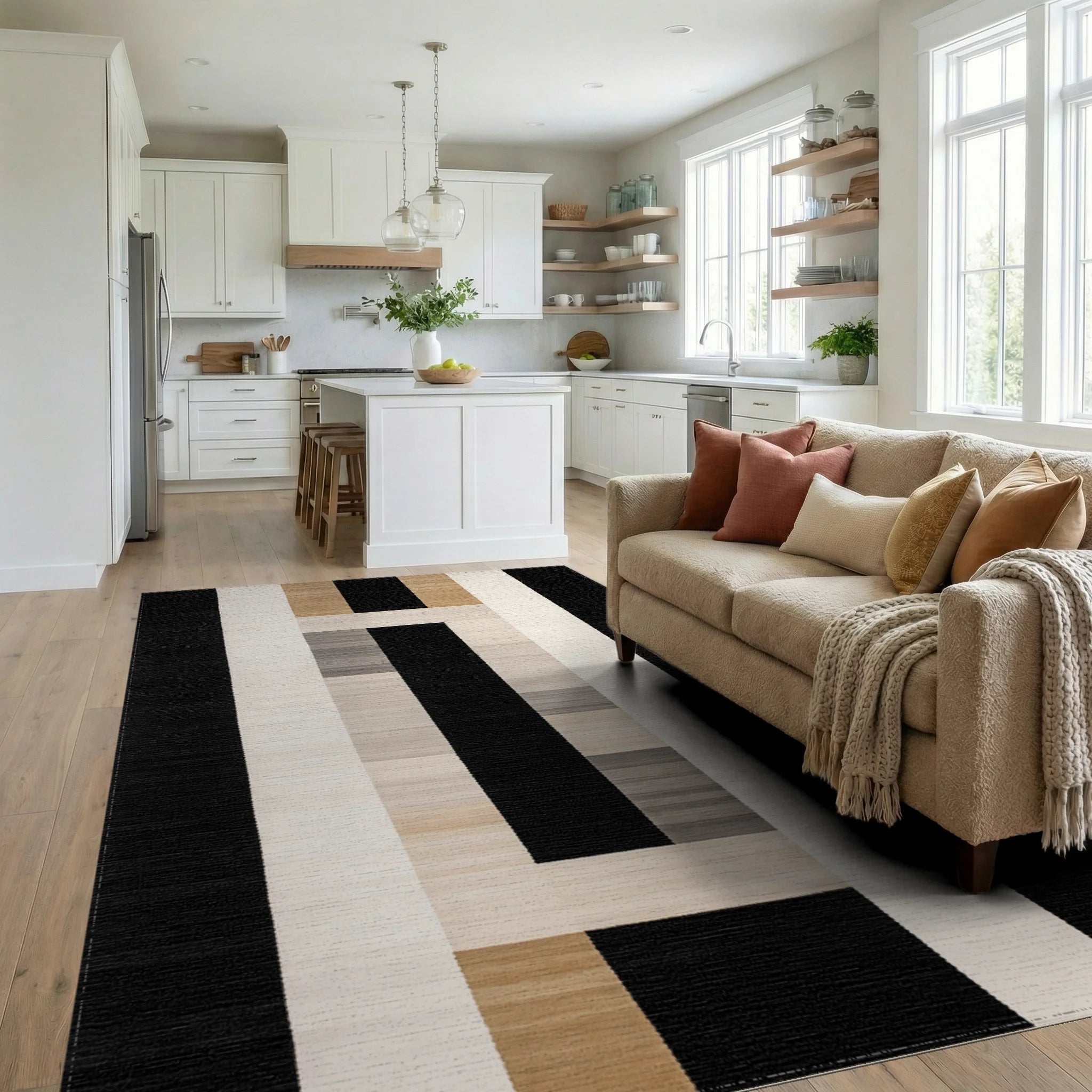 Modern Rectangular Black Sand Geometric Rug - Living Room View
