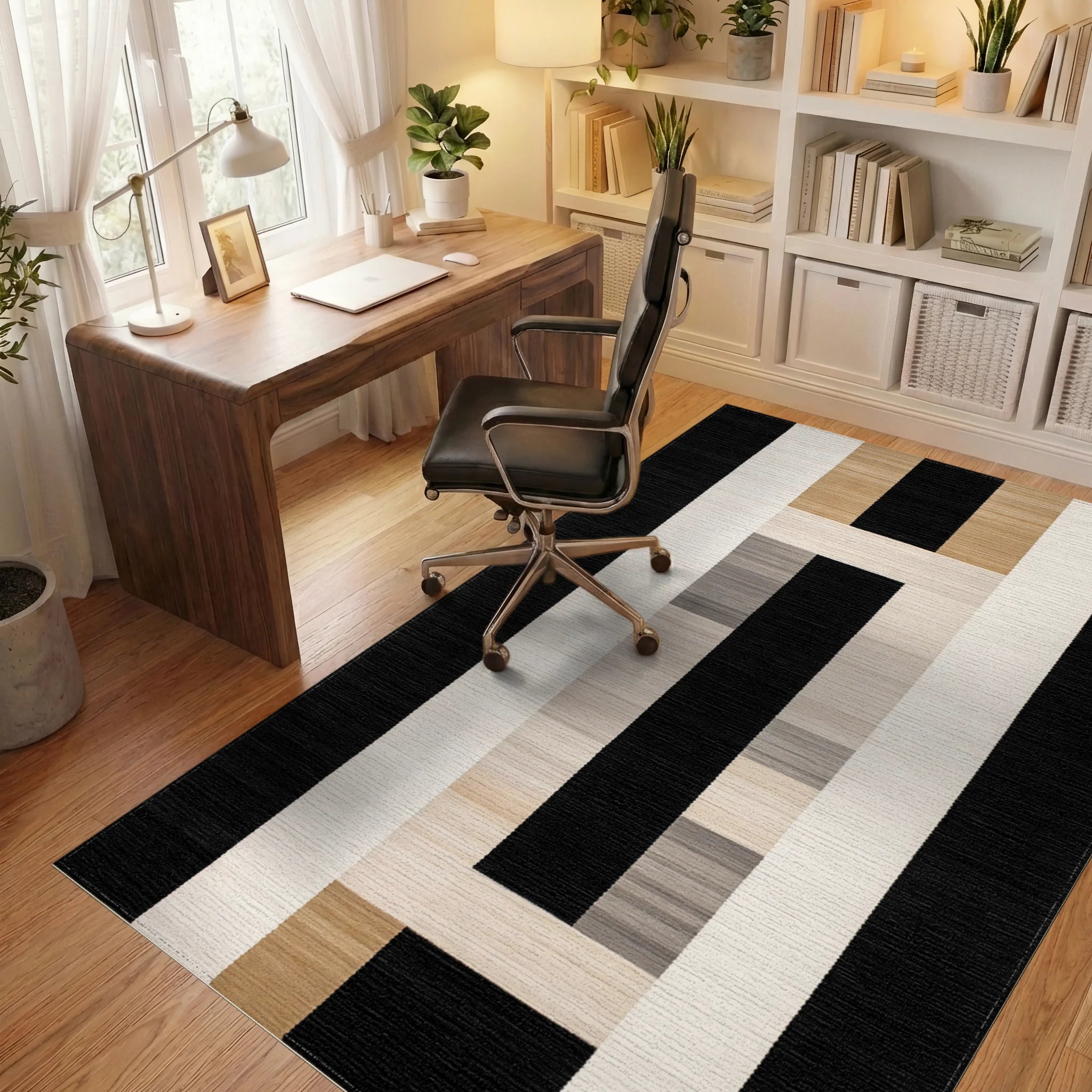 Modern Rectangular Black Sand Geometric Rug - Office View
