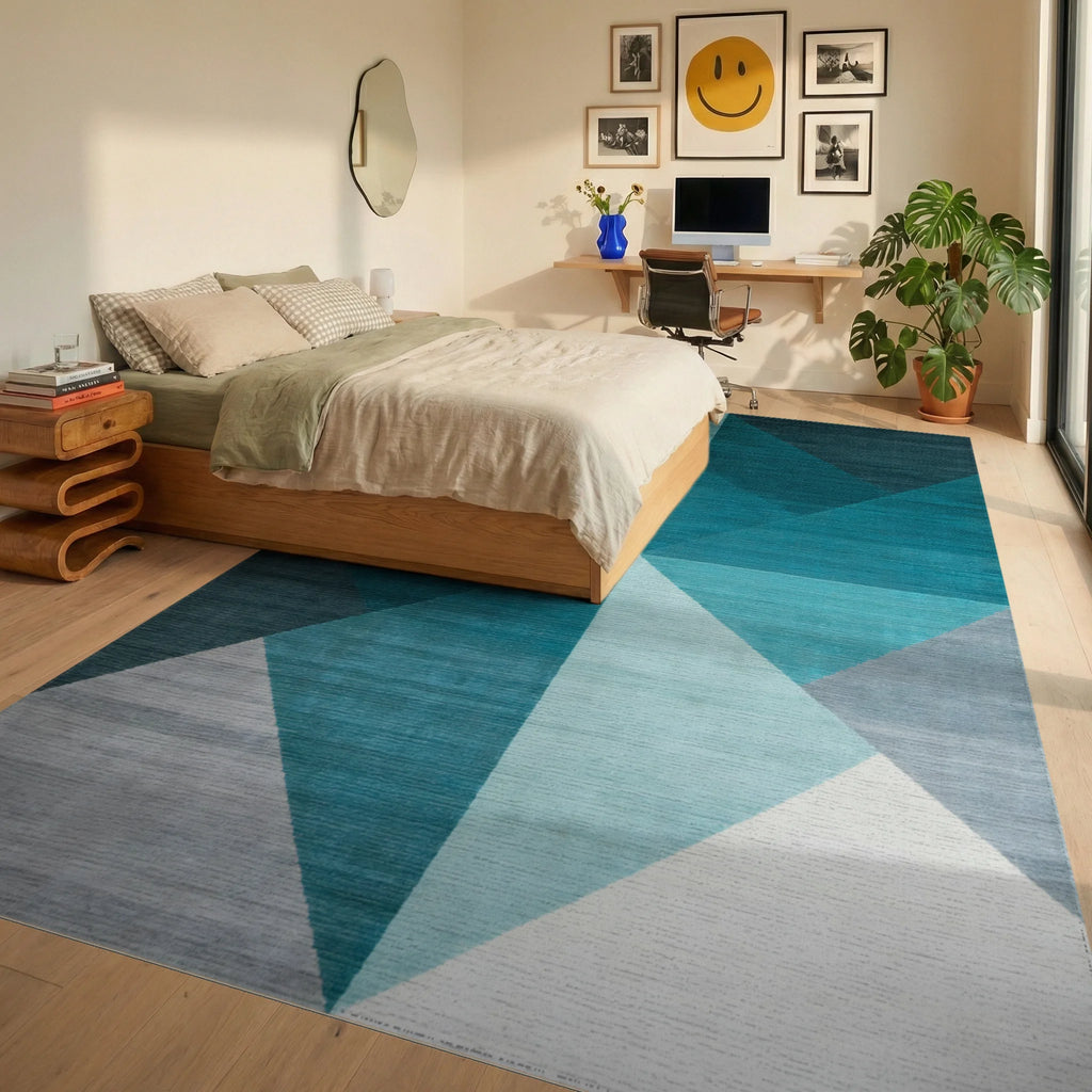 Modern Teal Geometric Layered Triangle Rug Bedroom View