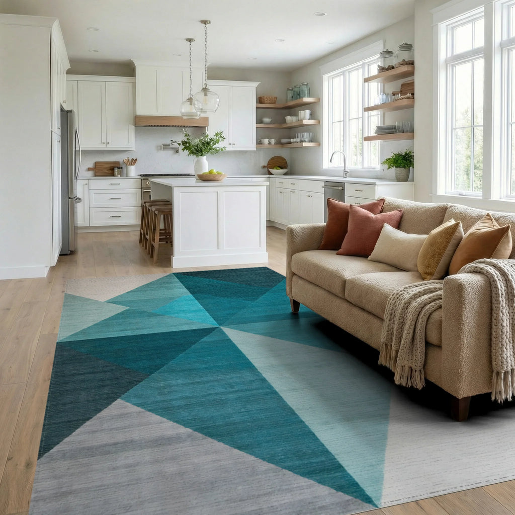 Modern Teal Geometric Layered Triangle Rug Living Room View