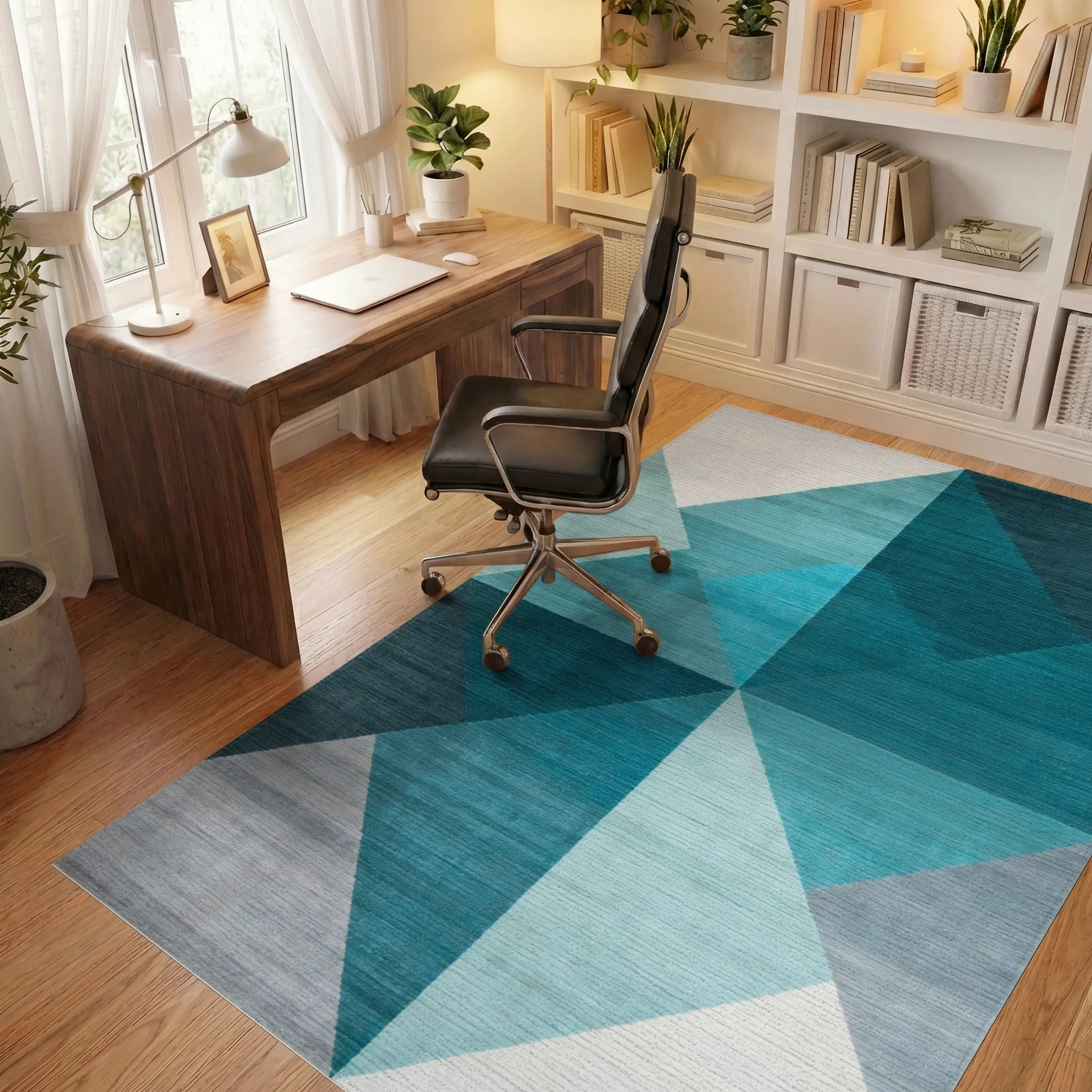 Modern Teal Geometric Layered Triangle Rug Office View