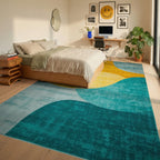 Modern Teal Yellow Abstract Circles Rug - Bedroom View