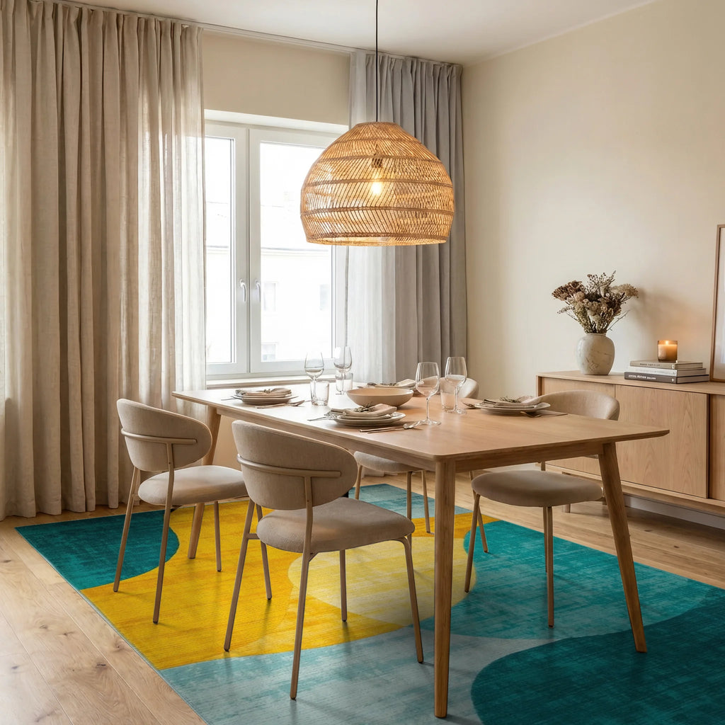 Modern Teal Yellow Abstract Circles Rug - Dining Room View