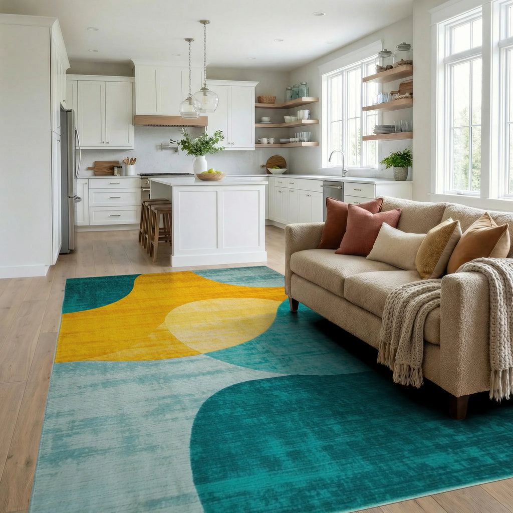 Modern Teal Yellow Abstract Circles Rug - Living Room View