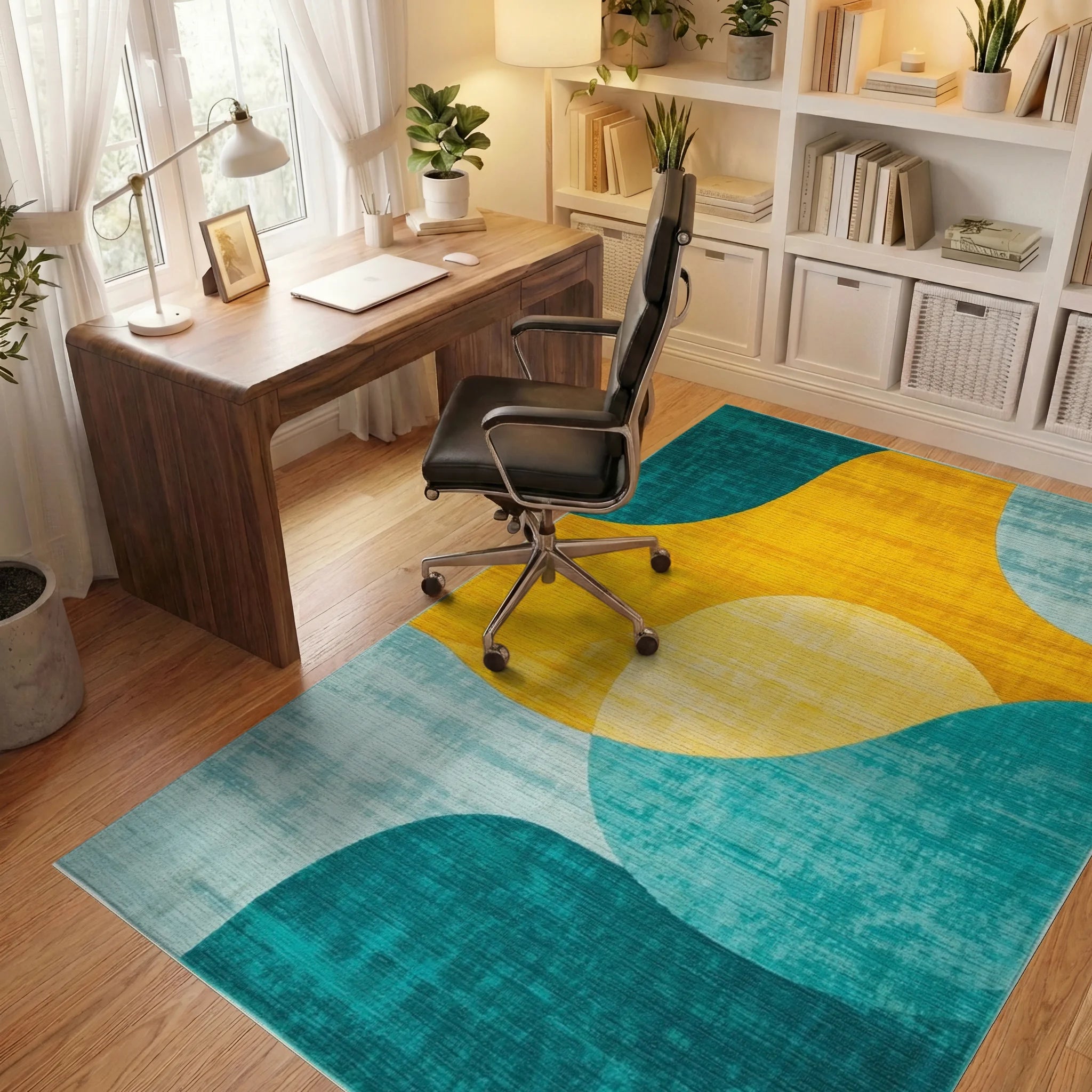 Modern Teal Yellow Abstract Circles Rug - Office View