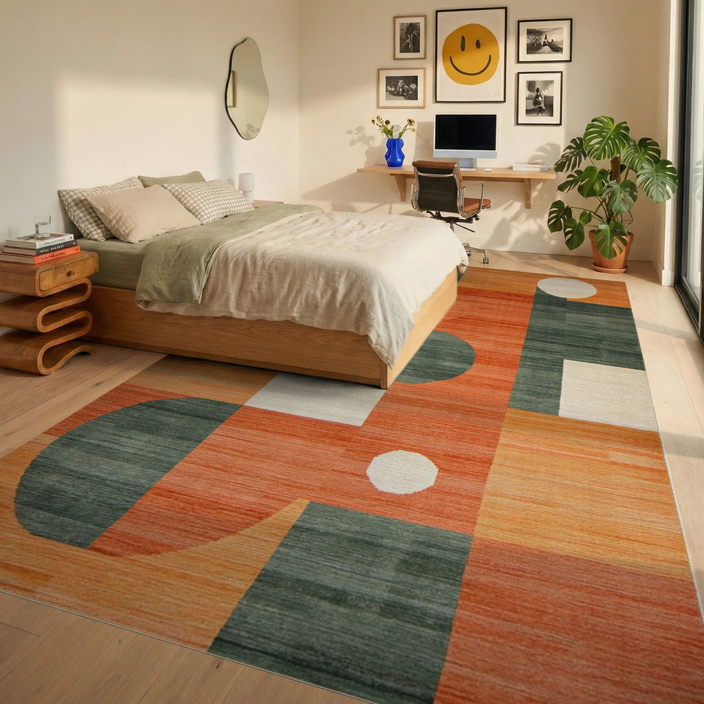 Modern Terracotta Geometric Circles Rug - Bedroom View