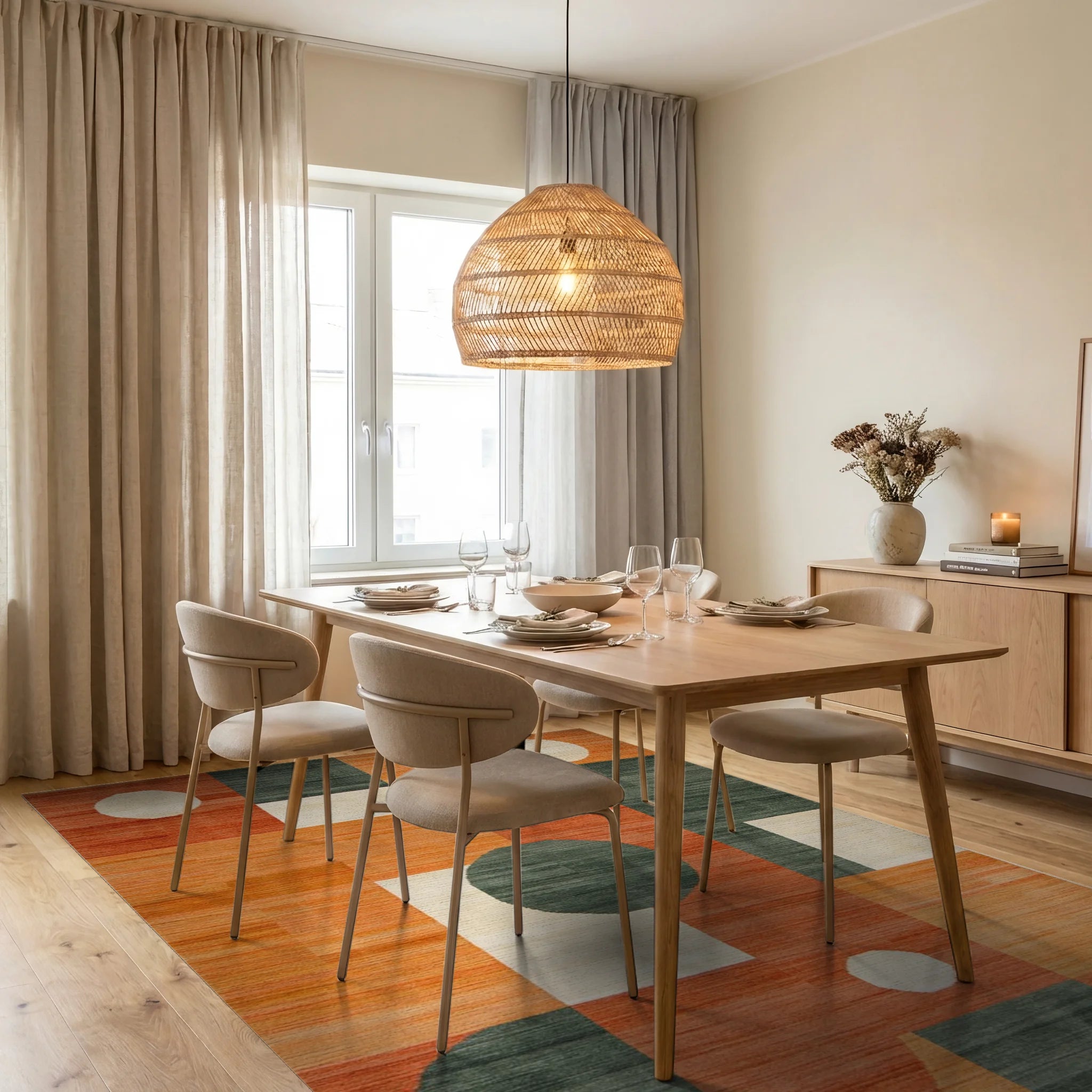 Modern Terracotta Geometric Circles Rug - Dining Room View