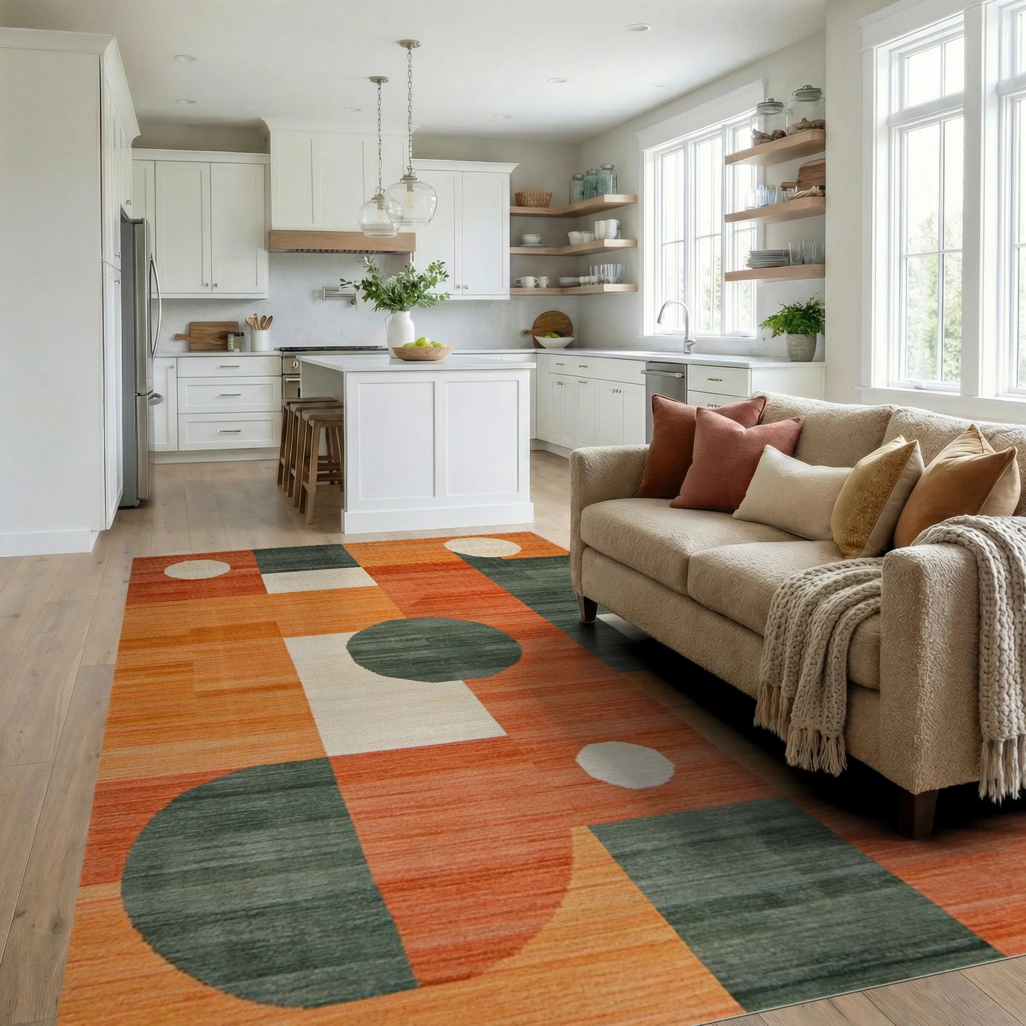 Modern Terracotta Geometric Circles Rug - Living Room View