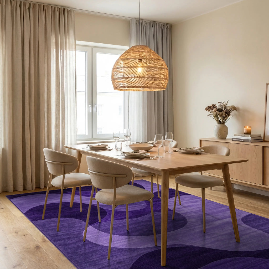 Modern Violet Abstract Wave Rug - Dining Room View