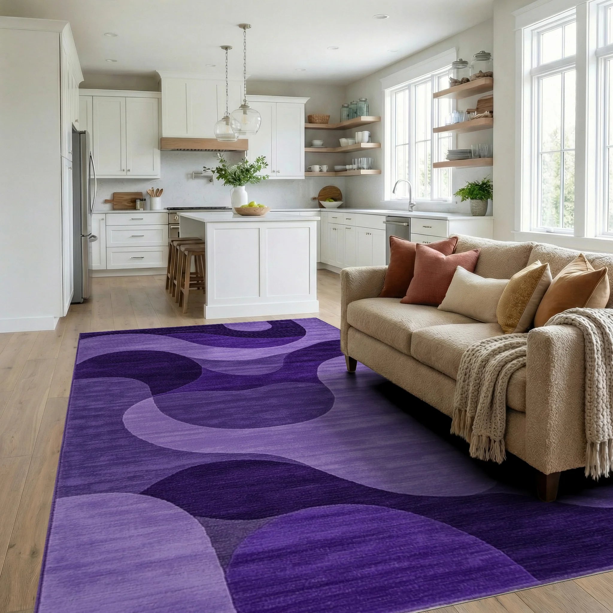 Modern Violet Abstract Wave Rug - Living Room View