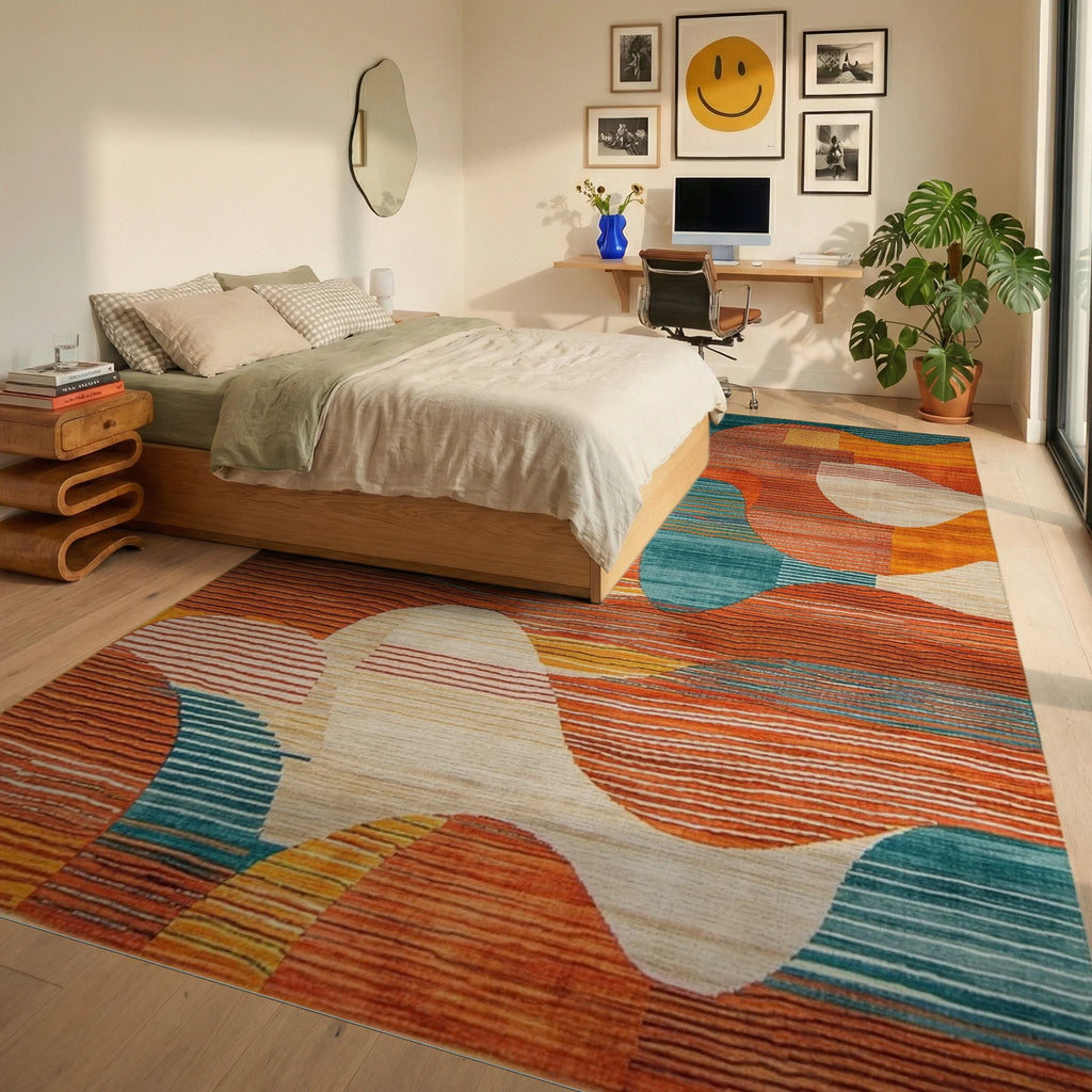 Modern Warm Tones Abstract Wave Rug - Bedroom View