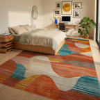 Modern Warm Tones Abstract Wave Rug - Bedroom View