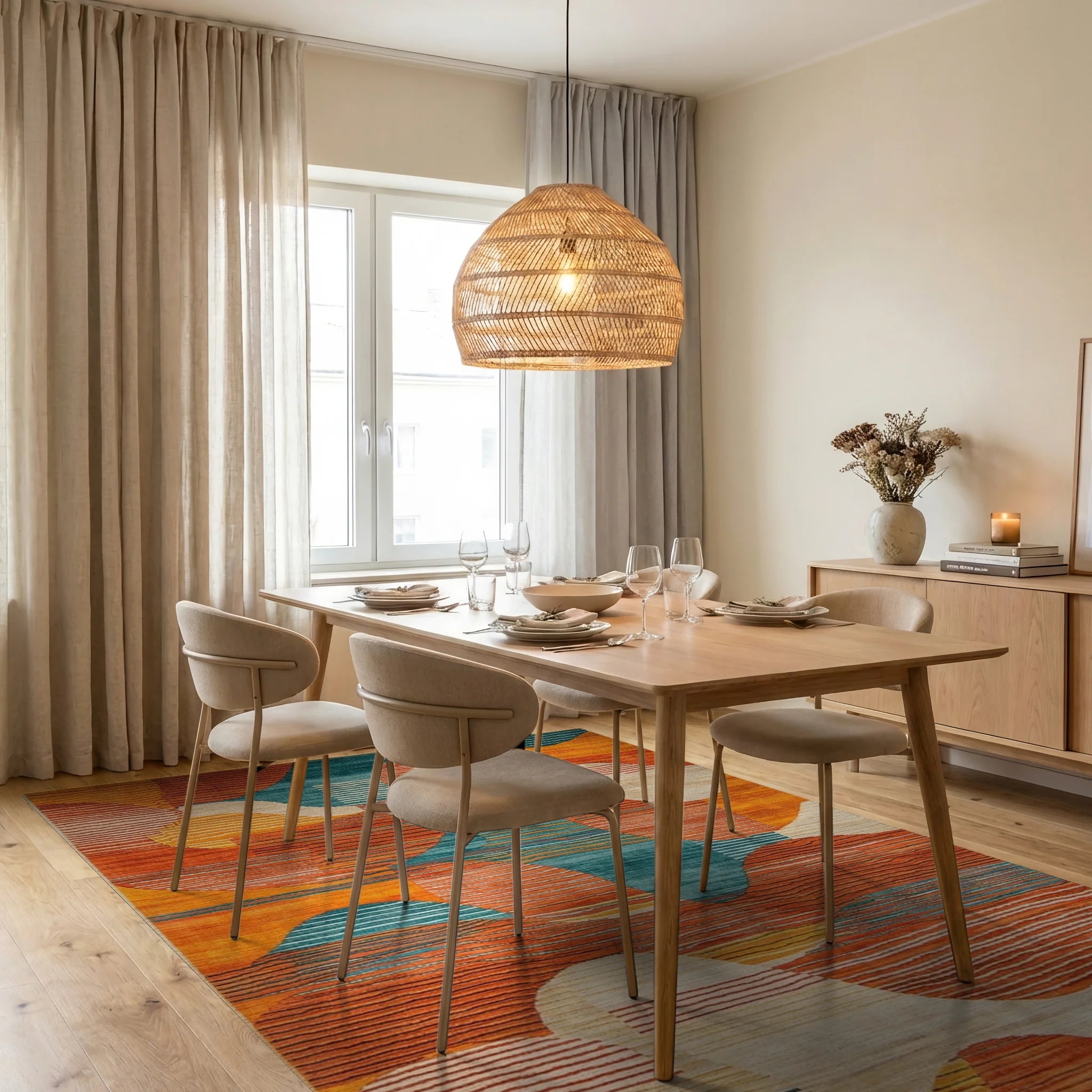 Modern Warm Tones Abstract Wave Rug - Dining Room View