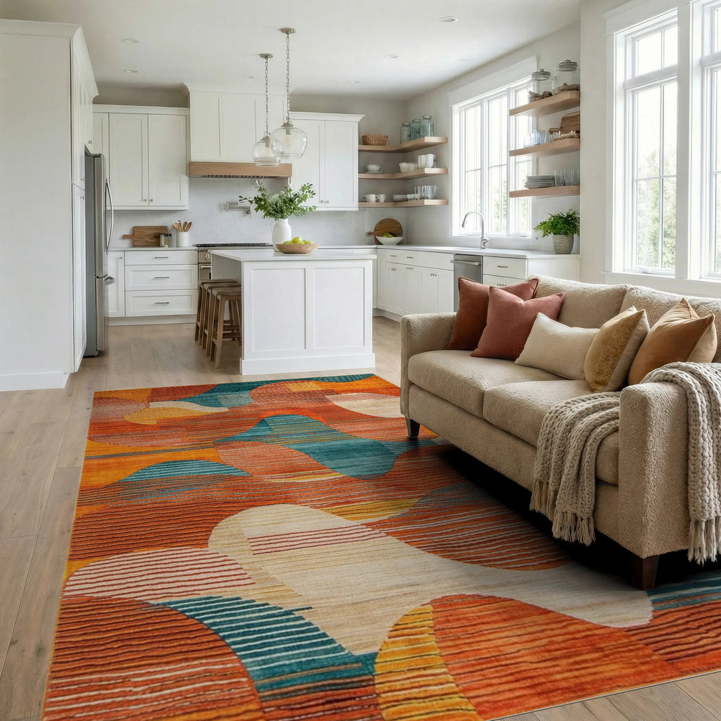 Modern Warm Tones Abstract Wave Rug - Living Room View