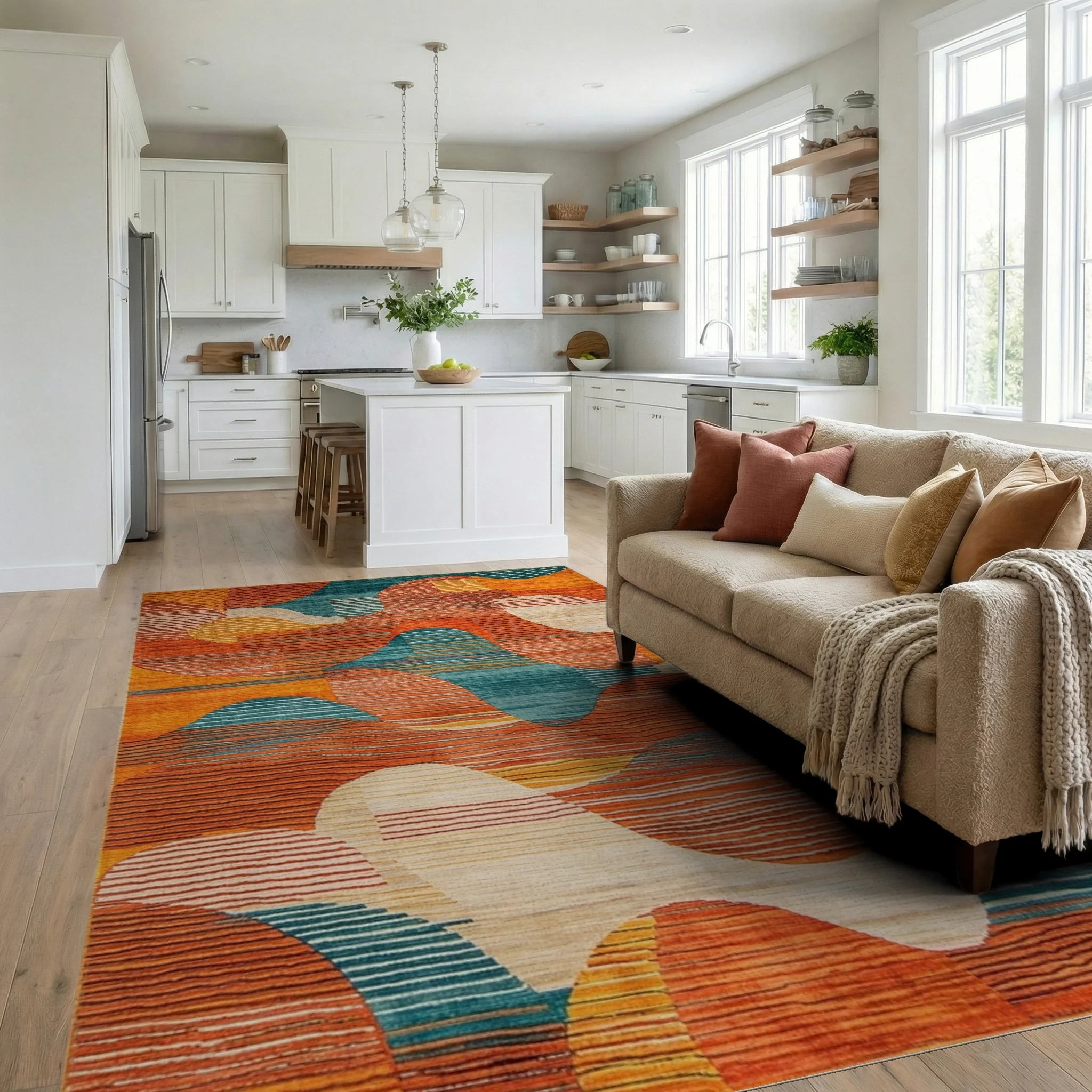 Modern Warm Tones Abstract Wave Rug - Living Room View