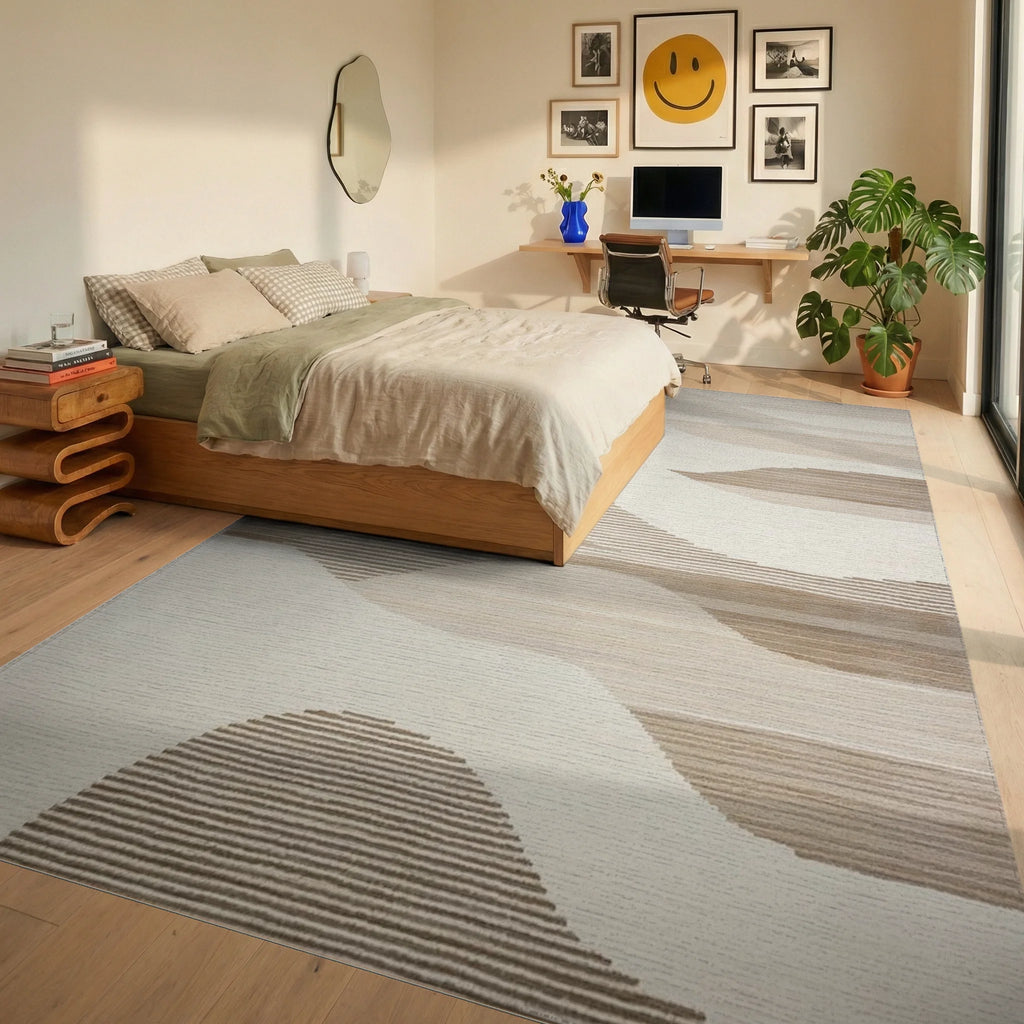 Modern Wavy Beige Tones Rug - Bedroom View