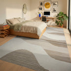 Modern Wavy Beige Tones Rug - Bedroom View