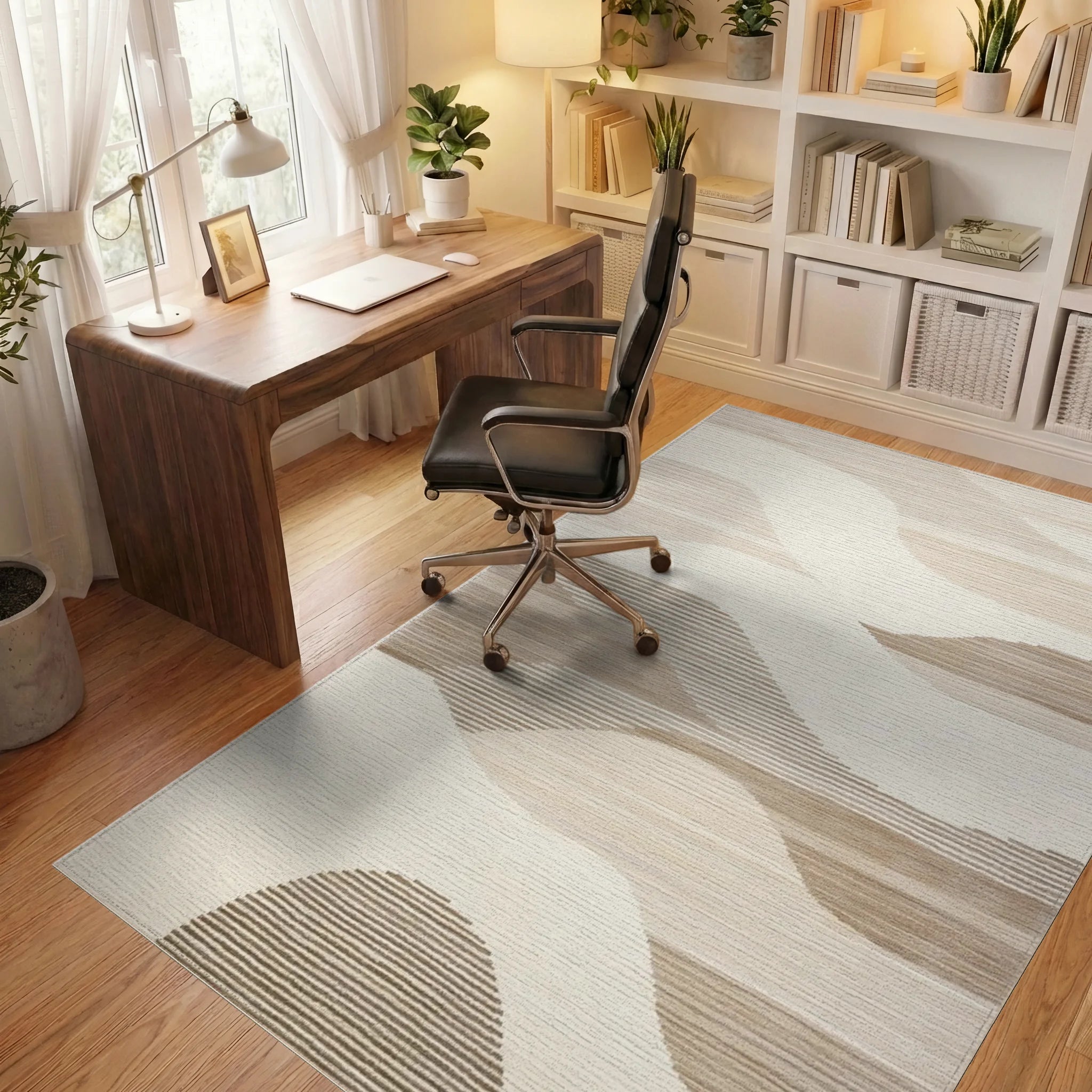 Modern Wavy Beige Tones Rug - Office View