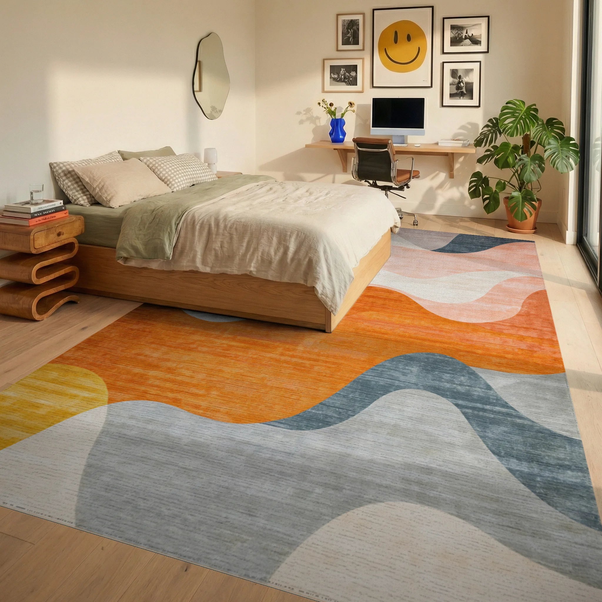 Modern Wavy Sunset Tones Rug - Bedroom View