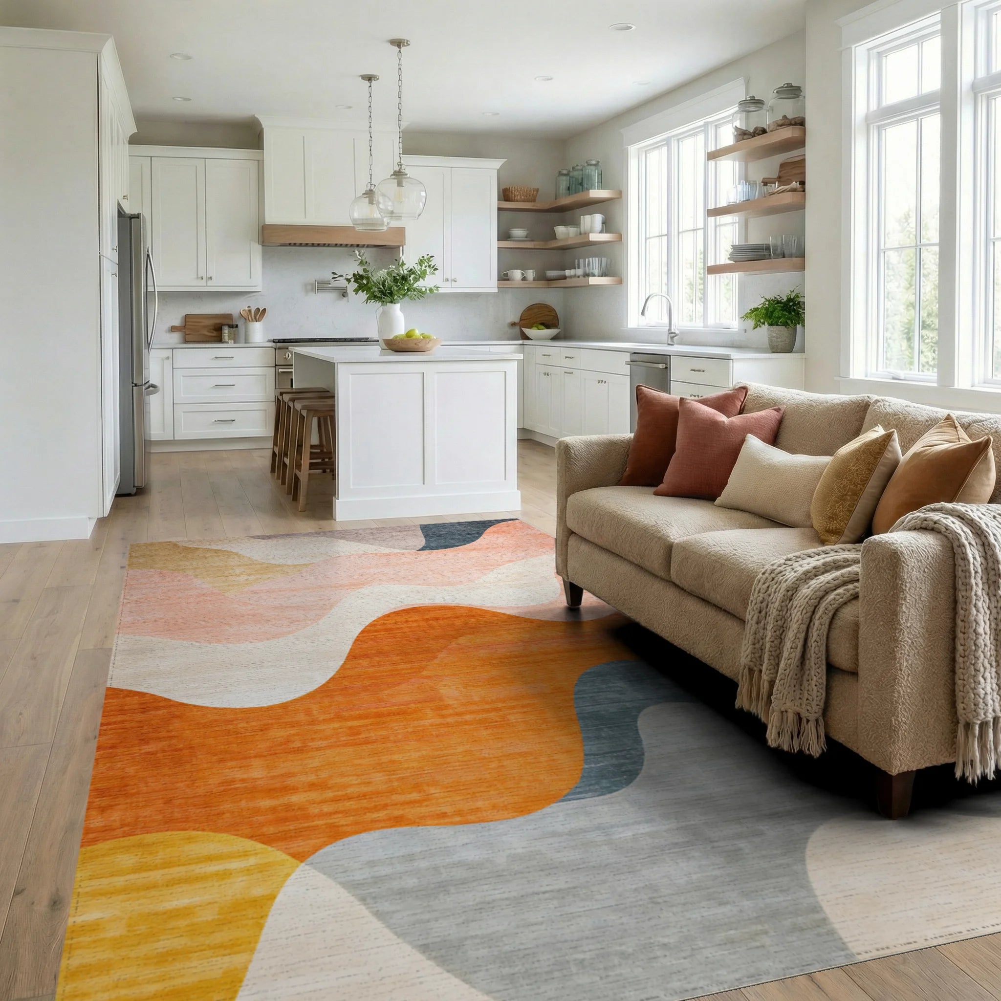 Modern Wavy Sunset Tones Rug - Living Room View