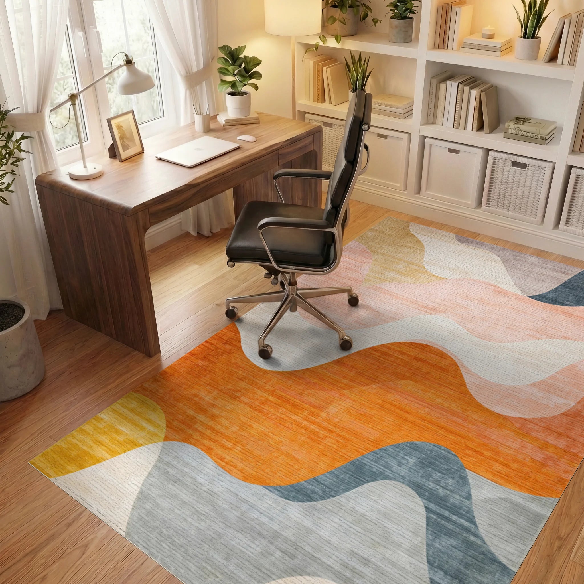 Modern Wavy Sunset Tones Rug - Office View