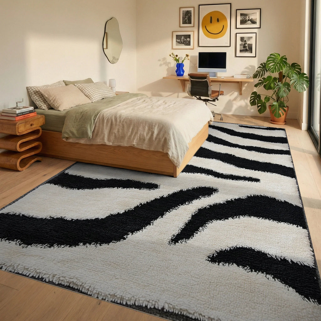 Mono Stripe Wild Animal Accents Rug - Bedroom View