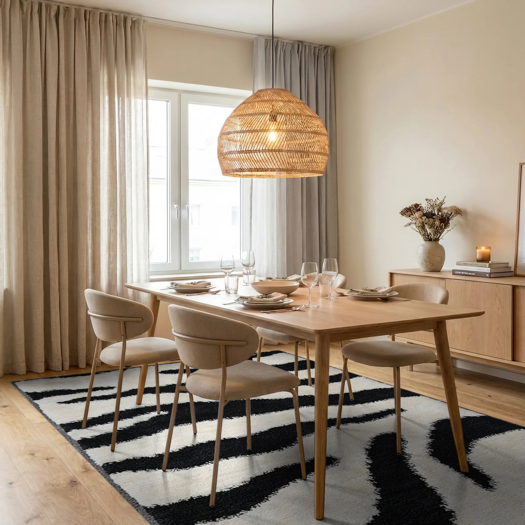 Mono Stripe Wild Animal Accents Rug - Dining Room View