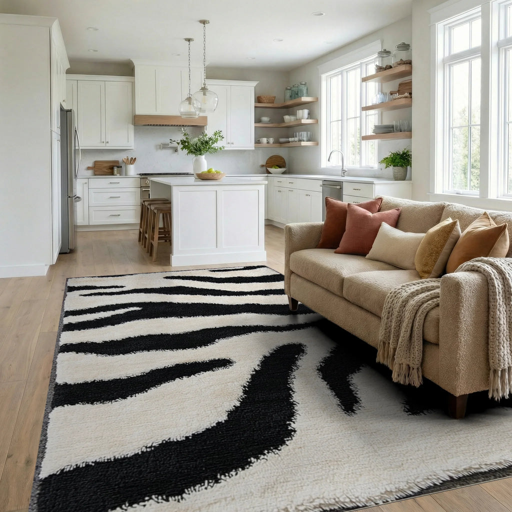 Mono Stripe Wild Animal Accents Rug - Living Room View