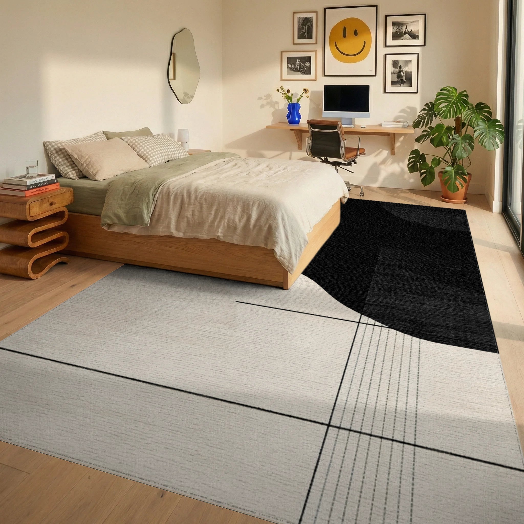 Monochromatic Abstract Flowing Shapes Rug - Bedroom View