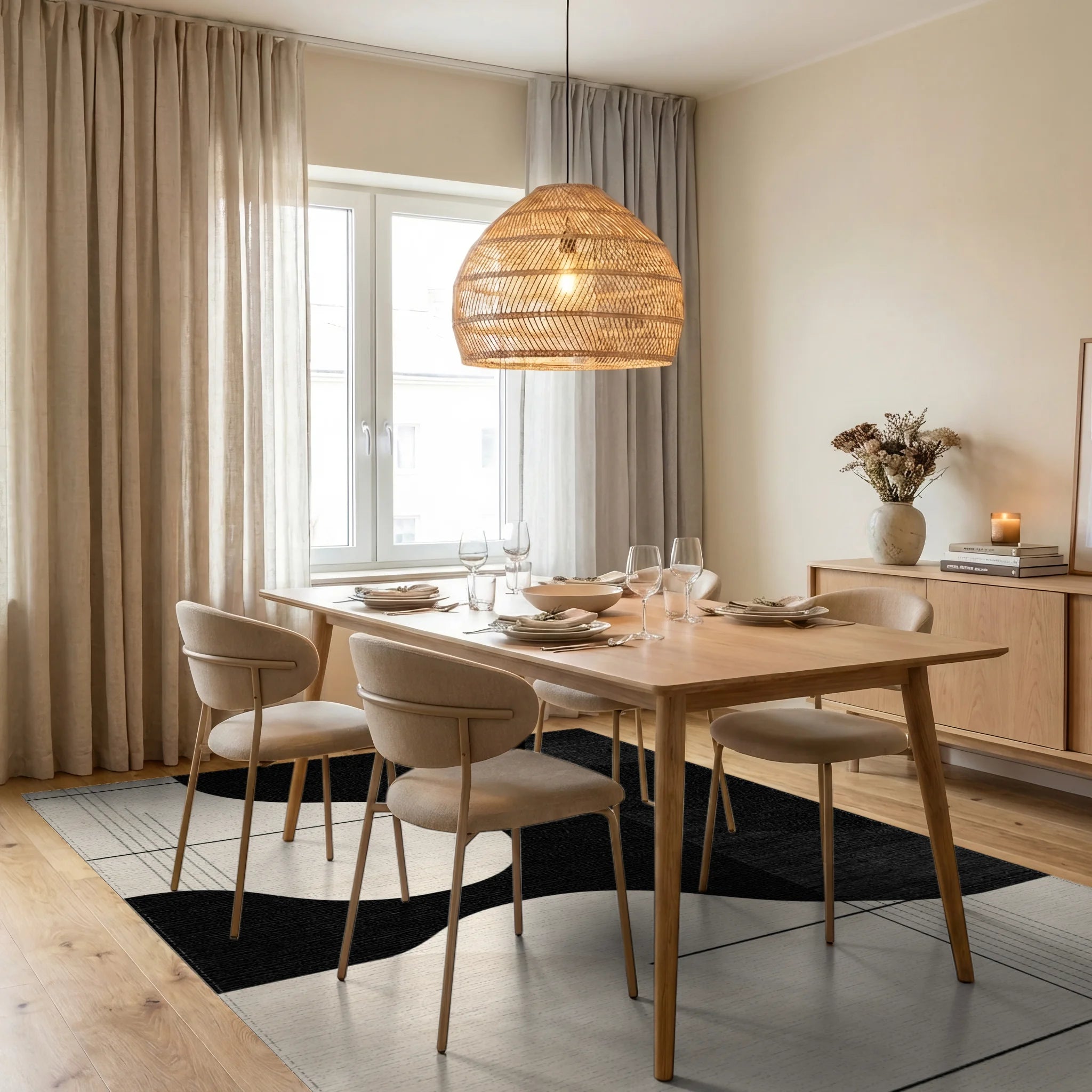 Monochromatic Abstract Flowing Shapes Rug - Dining Room View