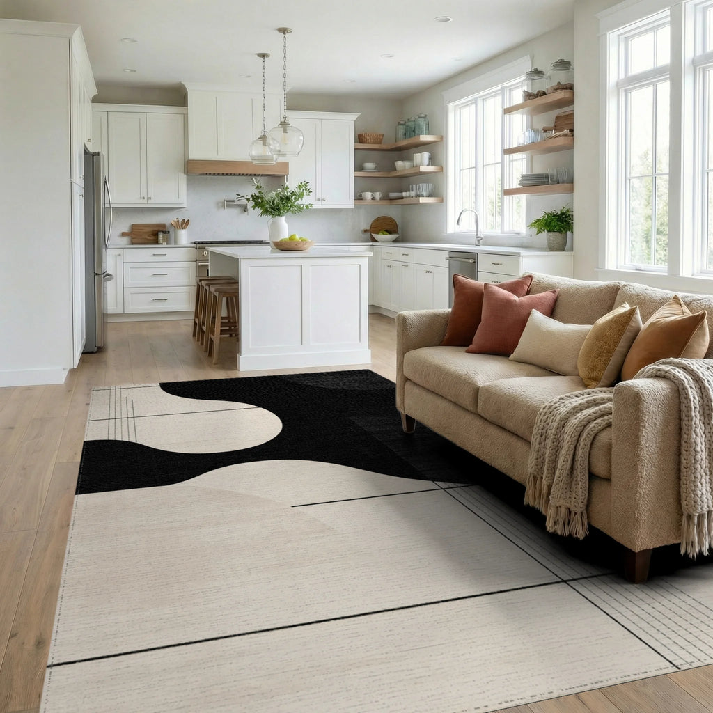Monochromatic Abstract Flowing Shapes Rug - Living Room View