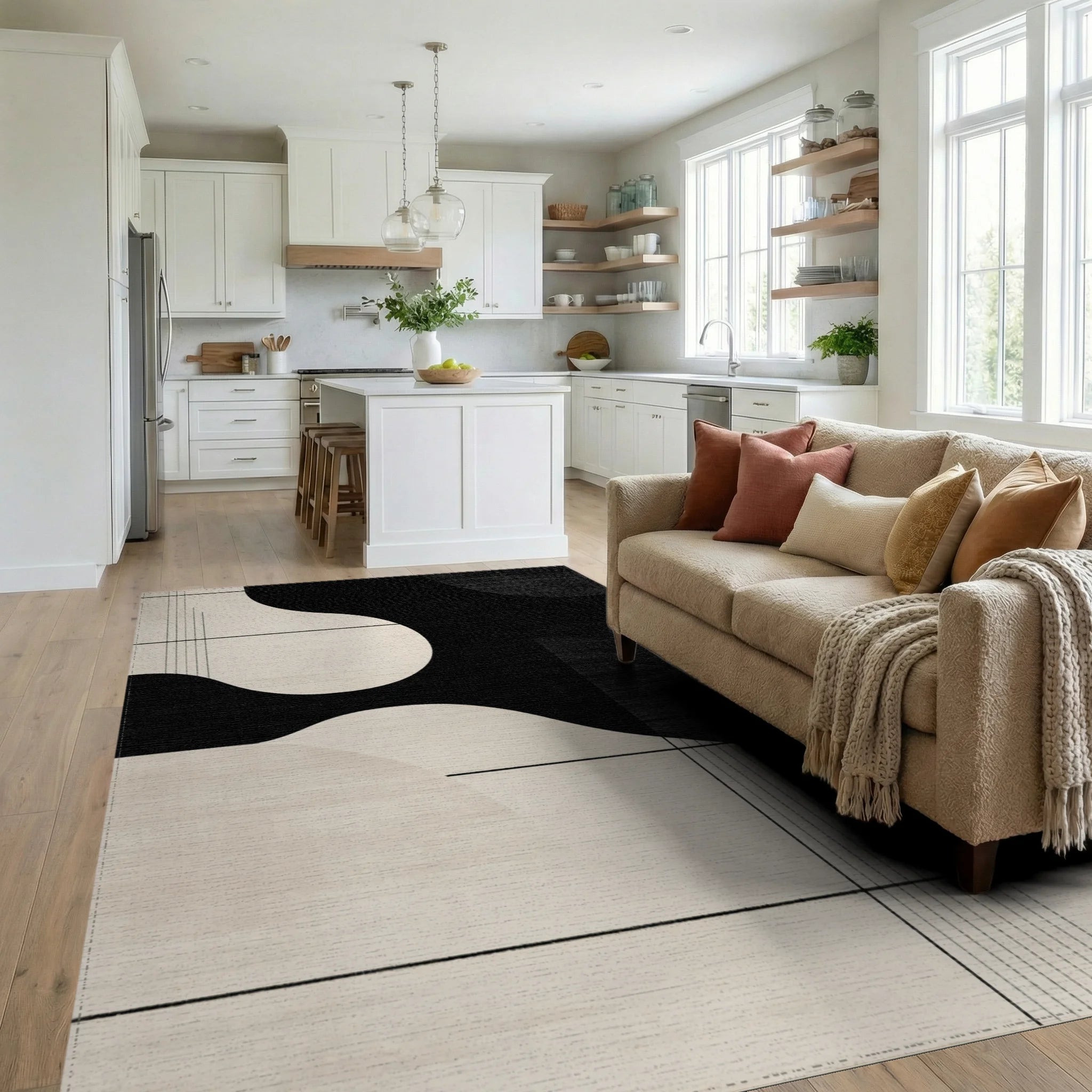 Monochromatic Abstract Flowing Shapes Rug - Living Room View