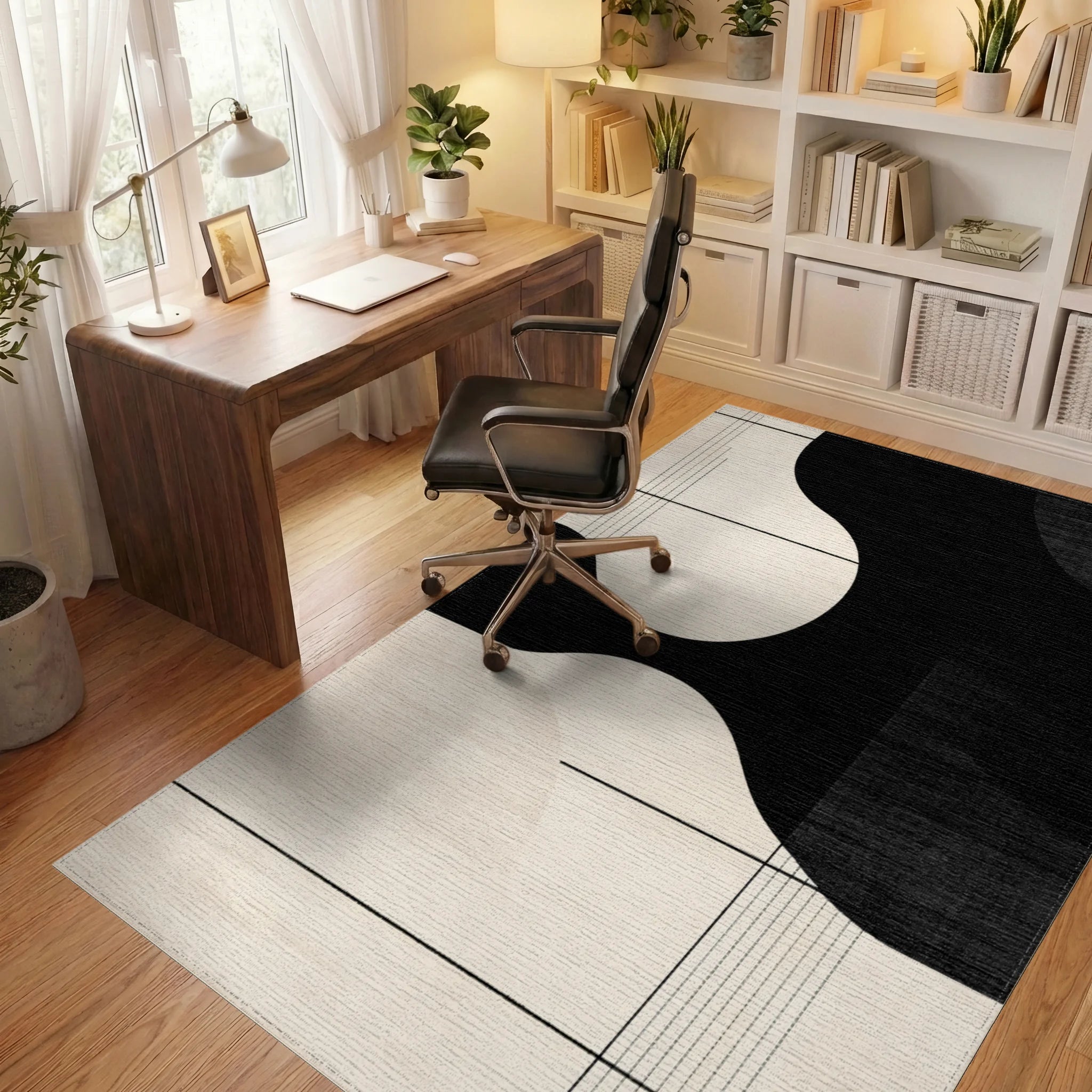 Monochromatic Abstract Flowing Shapes Rug - Office View