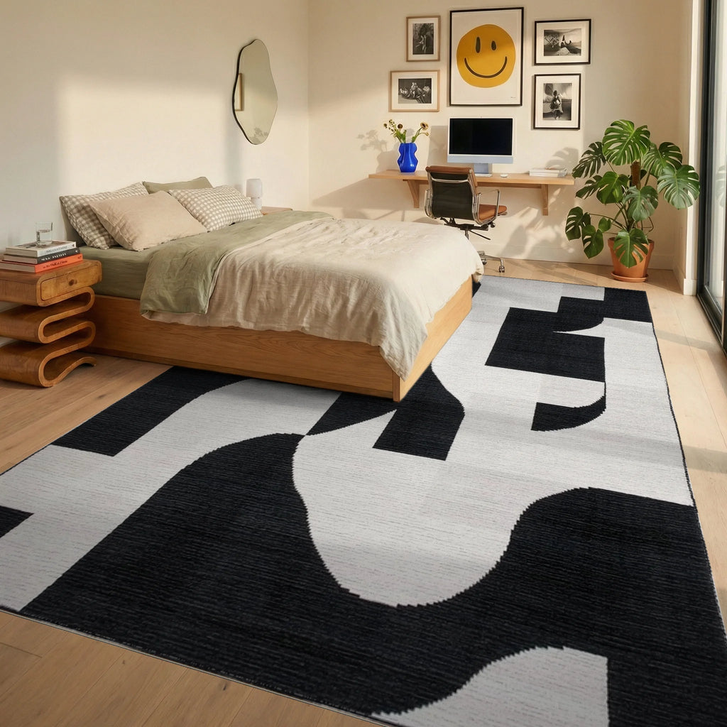 Monochromatic Abstract Mid Century Modern Rug - Bedroom View