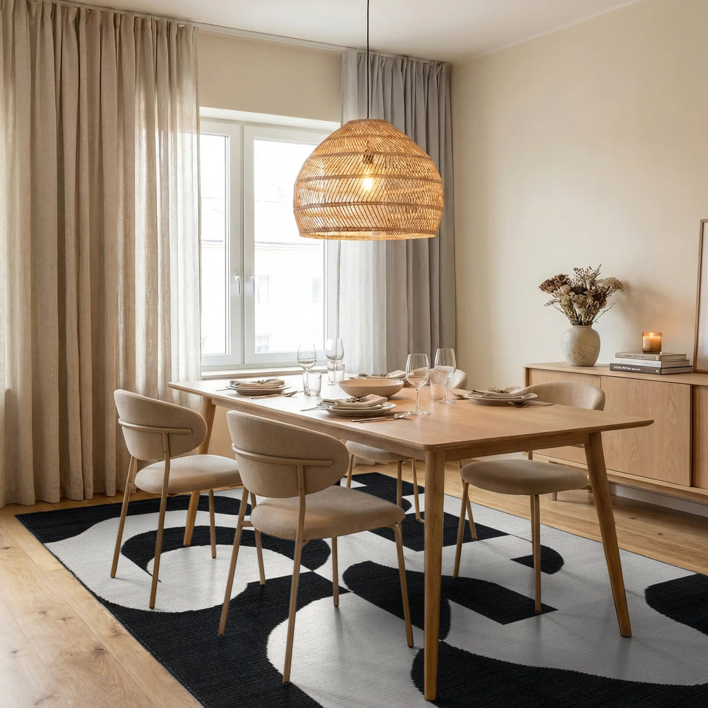 Monochromatic Abstract Mid Century Modern Rug - Dining Room View