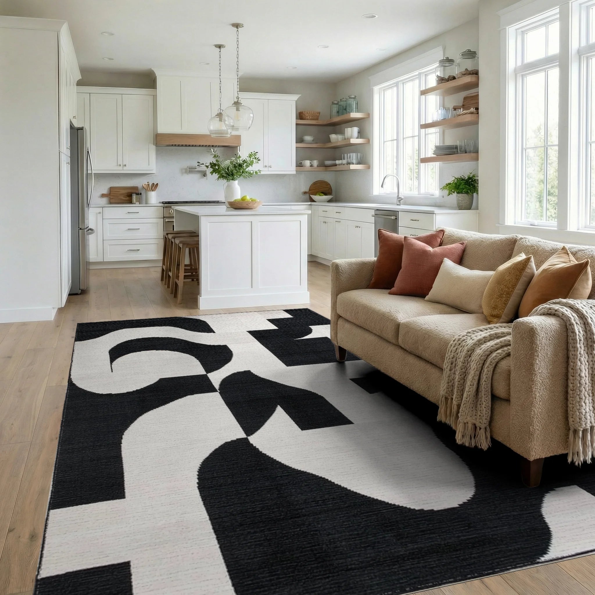 Monochromatic Abstract Mid Century Modern Rug - Living Room View