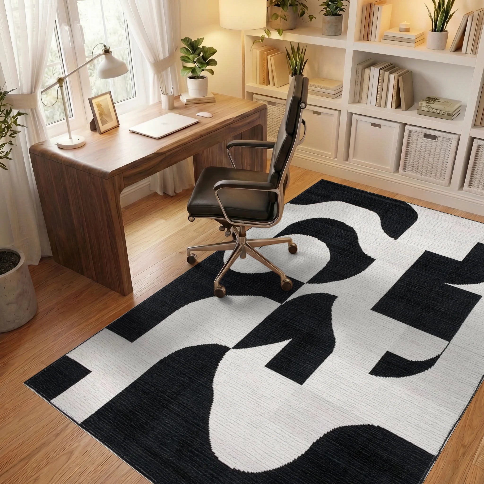 Monochromatic Abstract Mid Century Modern Rug - Office View