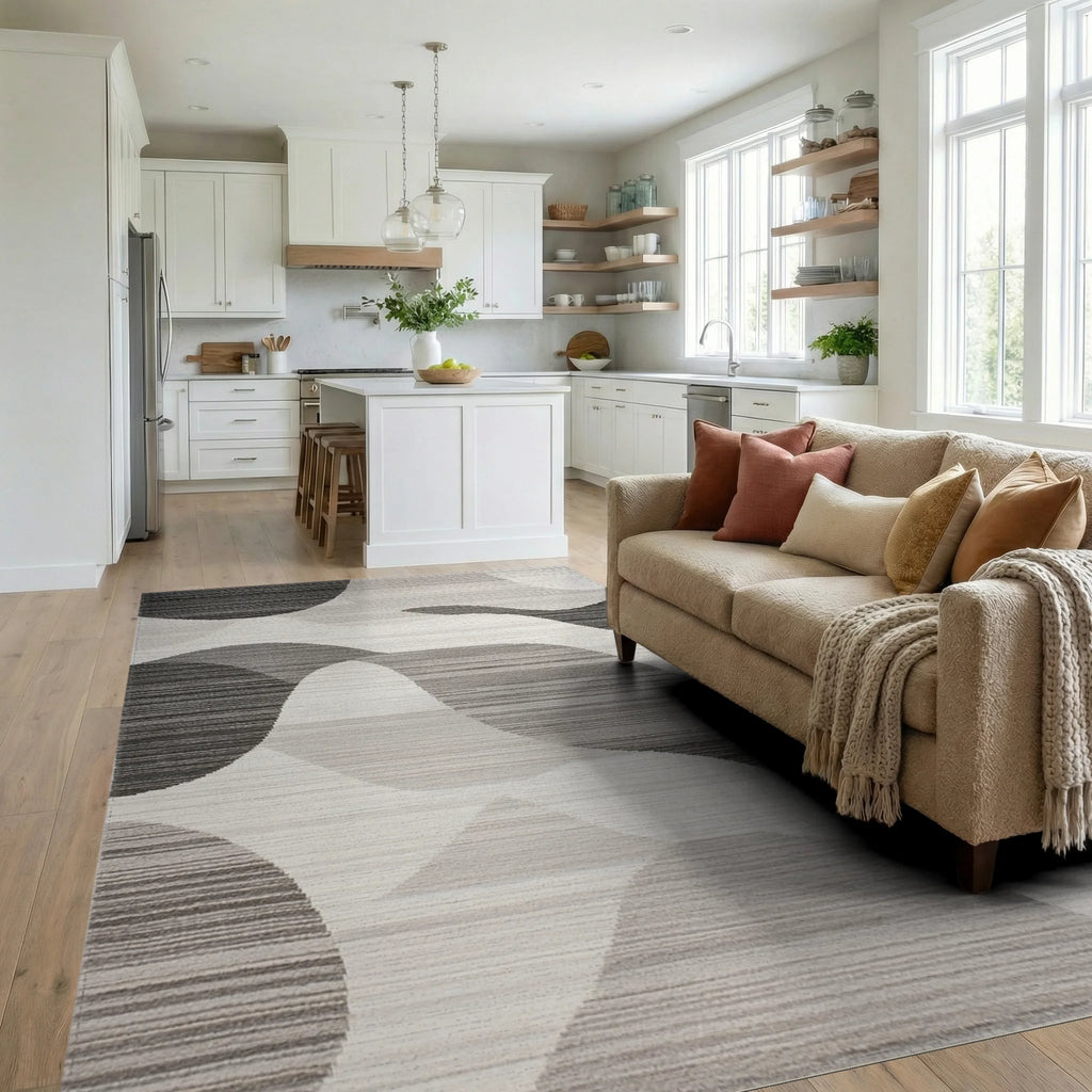 Monochromatic Abstract Wave Landscape Rug - Living Room View